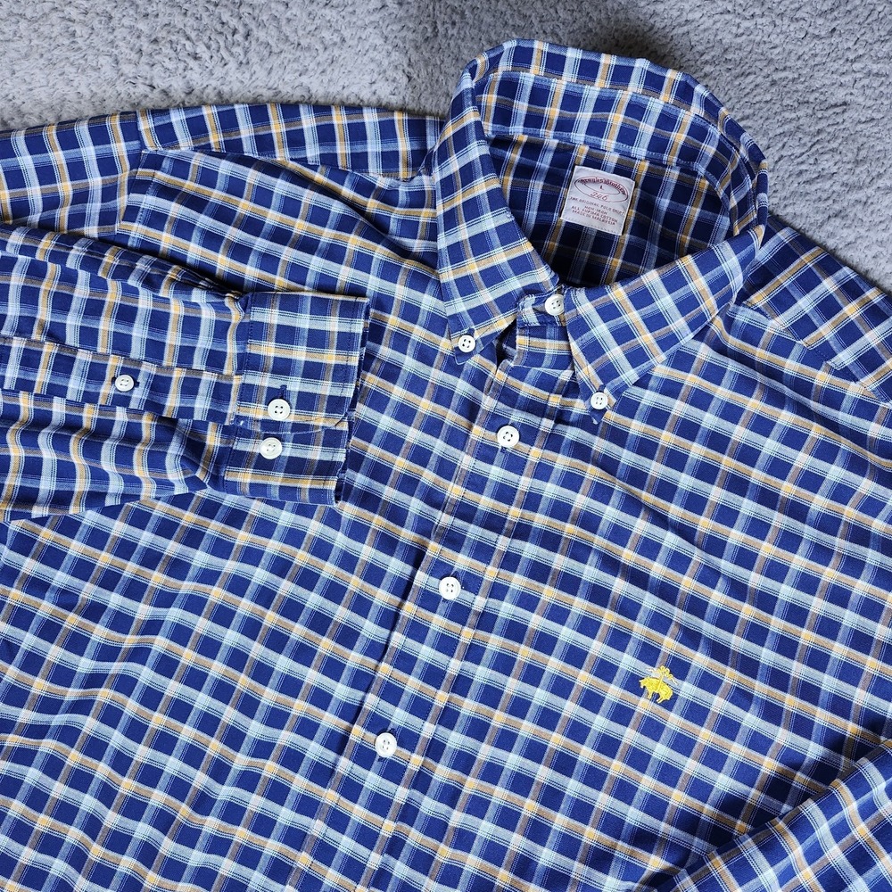 Brooks Brothers Mens Large 346 Button Down Plaid Shirt Blue‎ Yellow